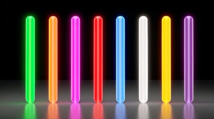 Fototapeta premium Row of neon colored light sticks are lined up in a row. The sticks are of different colors, including green, red, and yellow. Concept of vibrancy and energy, as the neon lights are bright
