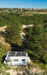Caravan at lavender field, Provence in France. Aerial view