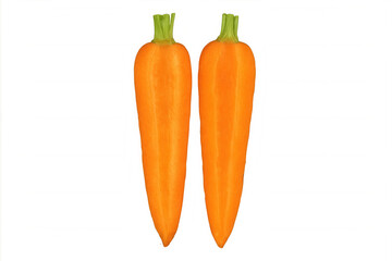 Two fresh orange carrots standing upright, representing healthy eating and vegan nutrition on transparent background