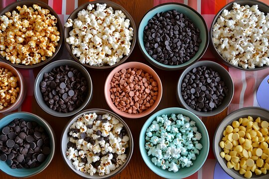 Overhead view of a party snack table: mixed popcorn flavors in decorative bowls, scattered chocolate chips, and sea salt flakes on the side --