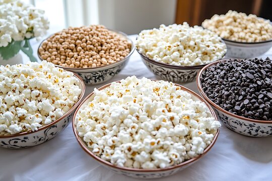 Overhead view of a party snack table: mixed popcorn flavors in decorative bowls, scattered chocolate chips, and sea salt flakes on the side --