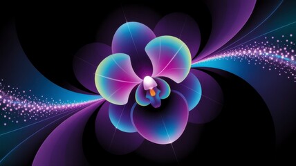 Vibrant abstract digital orchid with glowing petals and swirling energy trails on dark canvas illustration