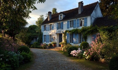 Charming French country home with blue shutters and lush garden, perfect for lifestyle, travel, or real estate concepts with a touch of European elegance