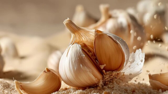 Garlic breaking apart to reveal fresh cloves in a warm kitchen setting during the day