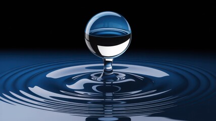 Extreme macro photograph of a single water drop creating perfect ripples on a dark reflective surface illustration