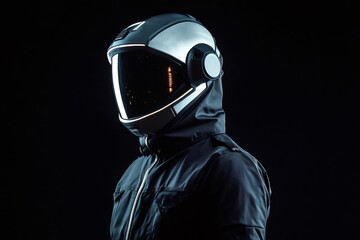 Figure in advanced space like helmet with illuminated visor on dark background, representing future, technology, and adventure