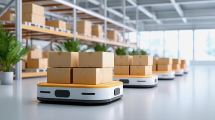 E-commerce logistics optimization concept . A modern warehouse scene featuring autonomous robots transporting boxes on a clean, well-lit floor with plants in the background.