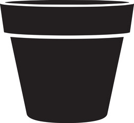 Minimalist Black Flower Pot Silhouette with White Rim and Base Outlines, Simple Garden Container Icon.