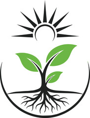 Stylized black silhouette plant with green leaves, visible roots, and radiating sun icon within a circle.