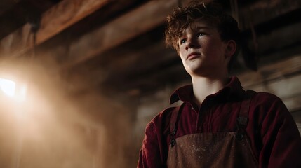 Obraz premium A young apprentice gazes thoughtfully in a dusty workshop illuminated by warm light surrounded by wooden beams