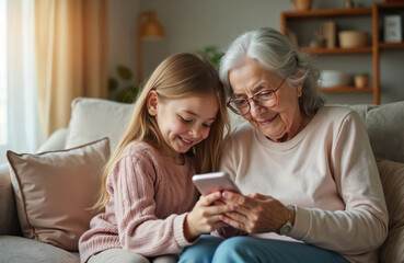 Young girl explains smartphone use to her grandmother at home. They share a tender moment learning together. Smiling senior learns mobile tech with grandchild in cozy indoor setting.