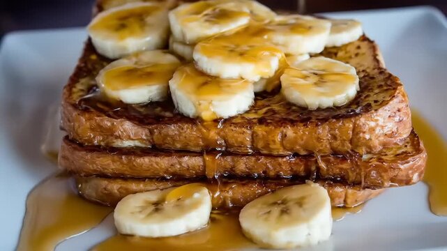 A stack of golden-brown french toast topped with banana slices and syrup on a white plate