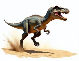 Naklejka premium Illustration displays dinosaur running across sand. Prehistoric reptile speeds, kicks up dust. Agile predator shows sharp teeth. Powerful creature nature, wildlife. Ideal for adventure, geology,