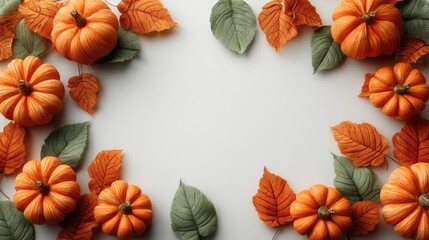 Autumn pumpkins and orange leaves arranged as a decorative frame on clean white background with empty center space for product or text, elegant Halloween design with photorealistic studio lighting