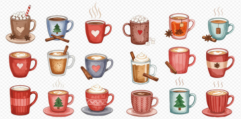 A collection of watercolor mugs filled with hot beverages, perfect for winter or holiday themes.