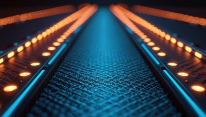 Dark futuristic panel with glowing orange and blue lights on a textured grid surface. Abstract technology background with vibrant digital interface elements and sleek design.