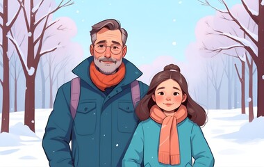 Father and daughter child in winter snow landscape