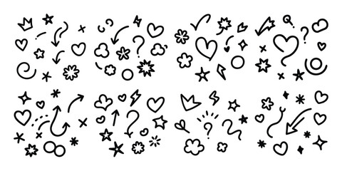 Collection of hand drawn doodle elements including hearts stars arrows and question marks