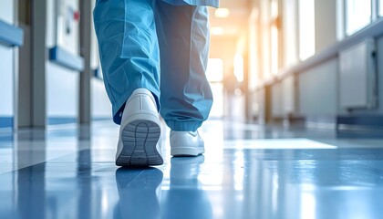 Obraz premium Medical professional in blue scrubs walking down a brightly lit hospital corridor, a conceptual image of the healthcare journey and dedication