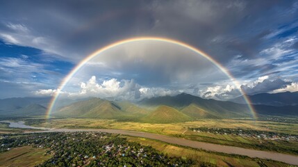 Fototapeta premium Rainbow halos and luminous arcs encircle the sun above the mountains, creating a rare optical display of vivid atmospheric color.