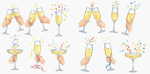 Celebratory champagne glasses clinking and being held by hands, with confetti. © studio