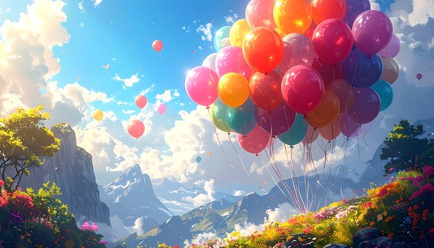 Colorful balloons floating over a vibrant, sunlit landscape