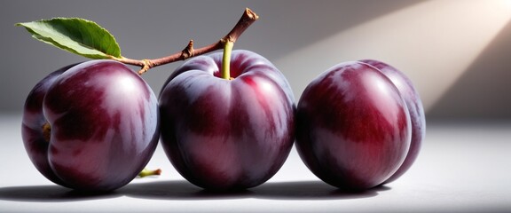 Fresh purple plum fruits on light background.
