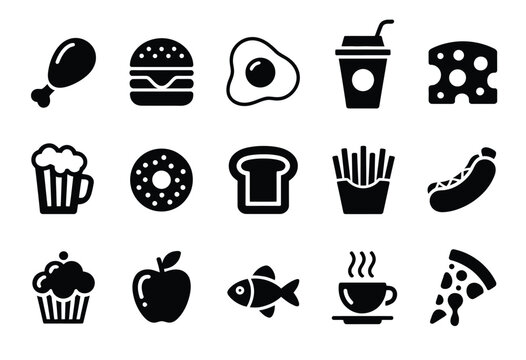 Diverse food icons collection vector graphic elements scalable eps illustration for delicious menu design silhouette vector illustration white background - Powered by Adobe