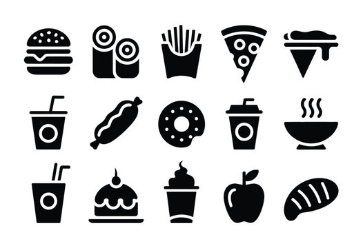 Comprehensive collection of vector food icons for scalable graphic design projects silhouette vector illustration white background