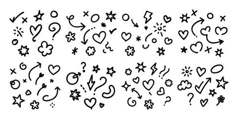 Collection of hand drawn doodle icons and symbols including hearts stars arrows and check marks