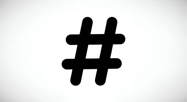 A simple rendering of a black hashtag symbol on a clean white background graphic element for