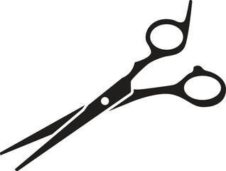 Minimalist black silhouette of professional hair cutting scissors isolated on white background. Simple vector icon for barbershop, hairstylist, salon logo, or beauty design element.