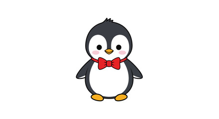 Fototapeta premium Adorable cartoon penguin with a red bow tie on a clean white background illustration