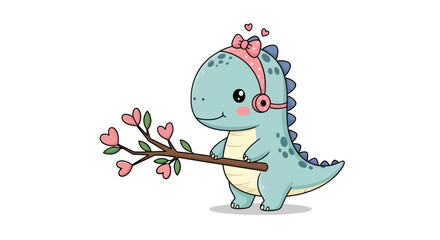 Obraz premium Adorable dinosaur character with heart-shaped flowers on a white background illustration