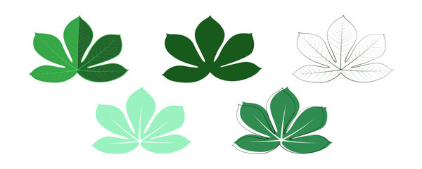 Obraz premium A collection of five palmate leaf illustrations in various green shades and styles, including flat design and line art, isolated on a white background.