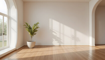 Minimalist living space with curved white walls polished floors and sculptural plant shadow