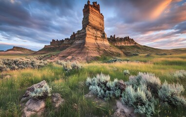 Dramatic landscape with towering rock formations under cloudy skies at sunset