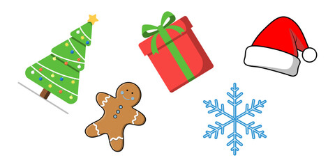 A festive collection of Christmas-themed illustrations including a tree, gift, Santa hat, gingerbread man, and snowflake.