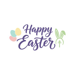 Pastel colored eggs and a bunny ears appear next to the hand lettering wishing everyone a happy easter holiday celebration.
