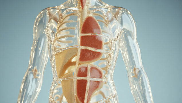 Transparent anatomical model of a human torso, focusing on the rib cage and heart. The model is made of clear plastic, revealing the detailed structure of the ribs and the red, textured heart inside.