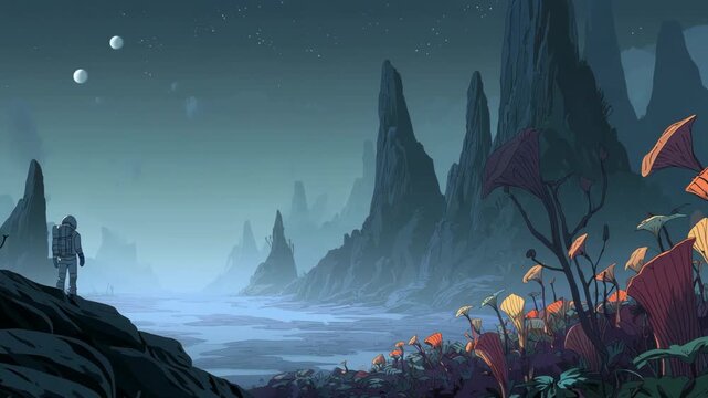  video animation of 2d line art of astronaut overlooking alien world with mountains and two exomoons  at night