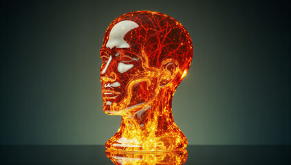 Digital CGI artwork of a human head and neck, glowing with intense red and orange hues, resembling molten lava. The head is in profile view, facing left, with detailed facial features including a