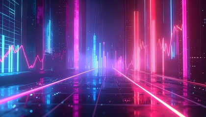 Dynamic visualization of financial data streams in a vibrant, futuristic cyberpunk city with glowing neon lights