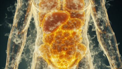 Digital illustration of a human torso viewed from the front, with a focus on the abdominal area. The torso is semi-transparent, revealing a detailed, glowing, yellow-orange network of small,