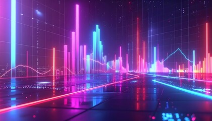 Vibrant digital metropolis with glowing data graphs and futuristic light effects