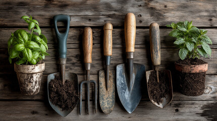 garden tools on a wooden background