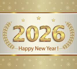 New Year background with gold numbers 2026, laurel branches and stars, decorated with a snowflake pattern. Vector illustration for cards, banners, covers, packaging and marketing.