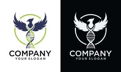 Creative phoenix and helix dna logo design, flying bird eagle falcon hawk vector icon concept