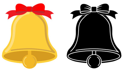 Gold Christmas Bell with a red bow and ribbon, Festive design element in colour and silhouette