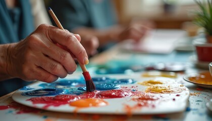 Elderly hands mix paint on palette for art class. Seniors create artwork together in studio. Creative hobby promotes mental well-being and social interaction.